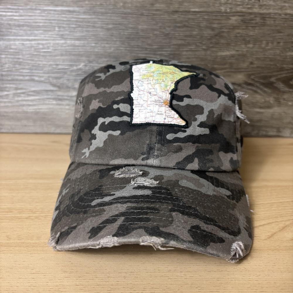 Minnesota Hat Cap Strap Back Camouflage  State Map‎ Patch Distressed